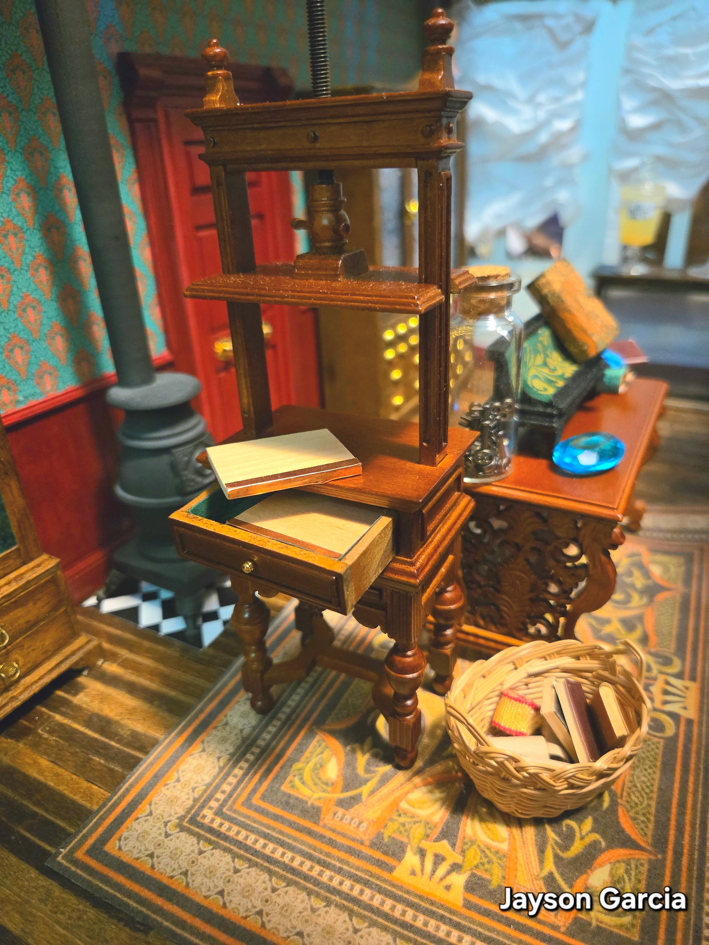 Miniature bookbinding press / blanket press in 1:12 scale walnut wood with metal screw books press