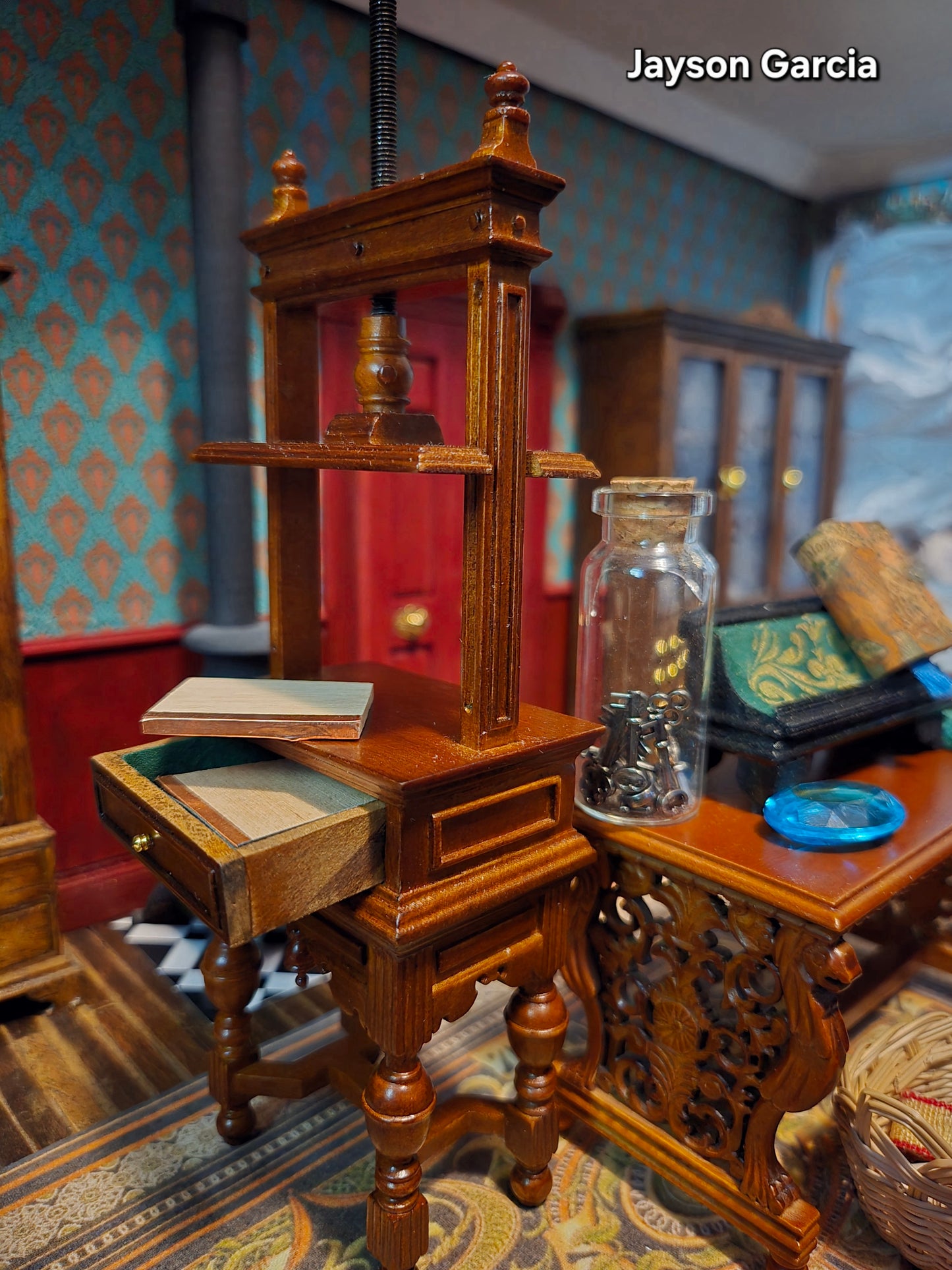 Miniature bookbinding press / blanket press in 1:12 scale walnut wood with metal screw books press