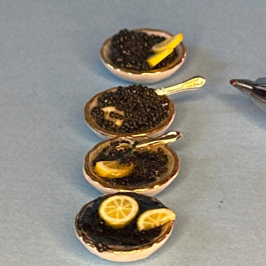 Set of 4 Miniature Caviar Plates with Lemon and Spoons – Handmade Dollhouse Accessories