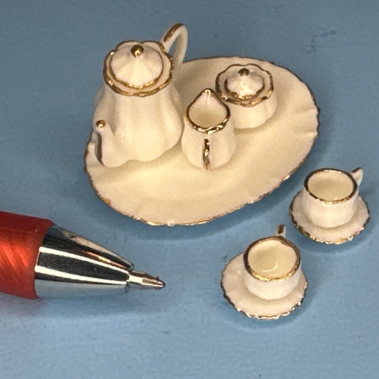 1:12 Scale Miniature Porcelain Coffee Set with Gold Trim – 10 Pieces