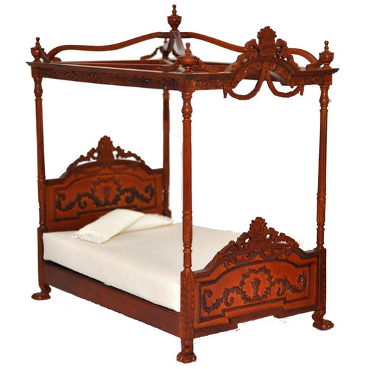 Ein Miniatur-Meisterwerk, Kingsize-Himmelbett aus Holz im Barockstil, geschnitztes Walnussholz, viktorianisches Rokoko-Revival, Replik im Maßstab 1:12 für Puppenhaus