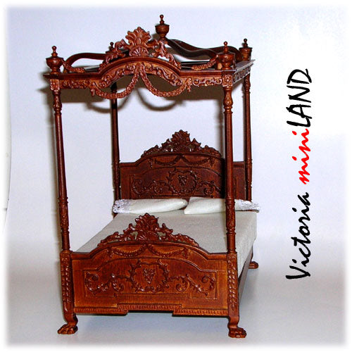 Miniature Four Poster Canopy Bed Fine Quality for dollhouse walnut 1:12 scale