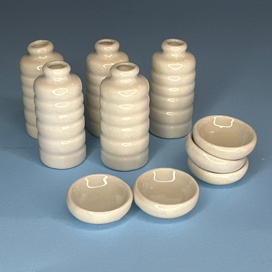 Miniature White Pots with Plates – Set of 5 for Dollhouses 1:12