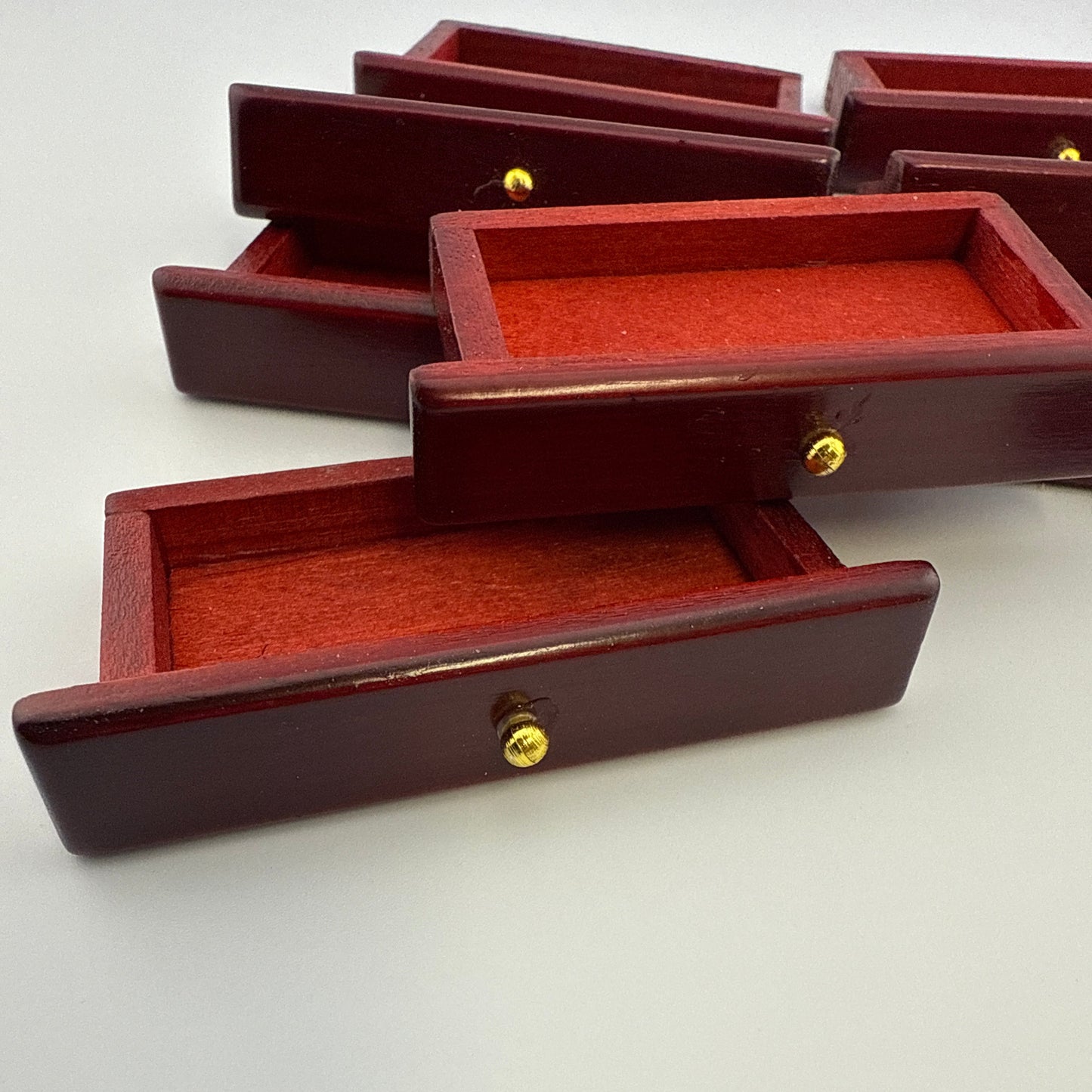 Set of 10 Miniature Mahogany Drawers | Dollhouse Furniture Parts with Gold Knob | 1:12 Scale