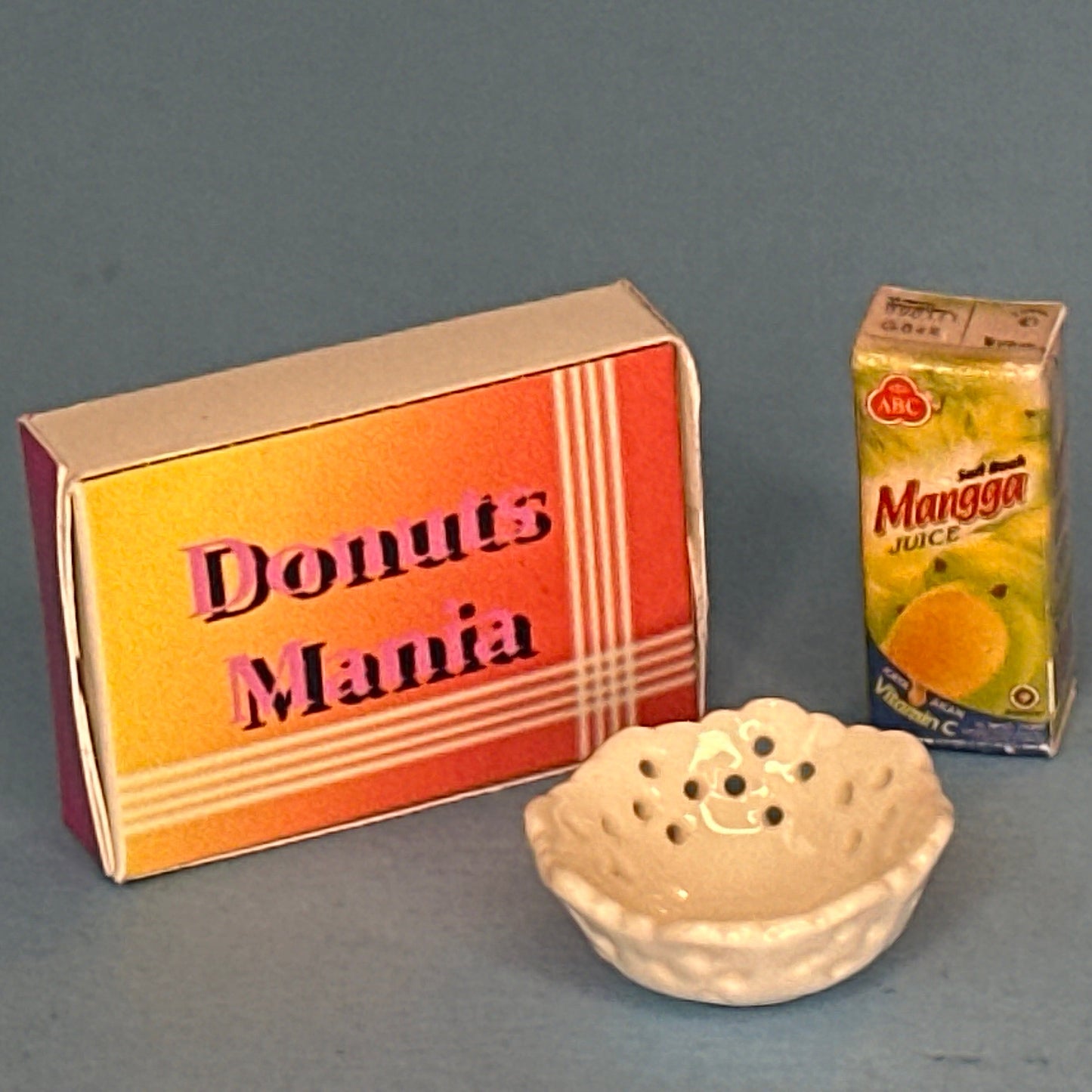 Miniature Donuts Box, Mango Juice Carton, and Decorative Bowl Set – 1:12 Scale