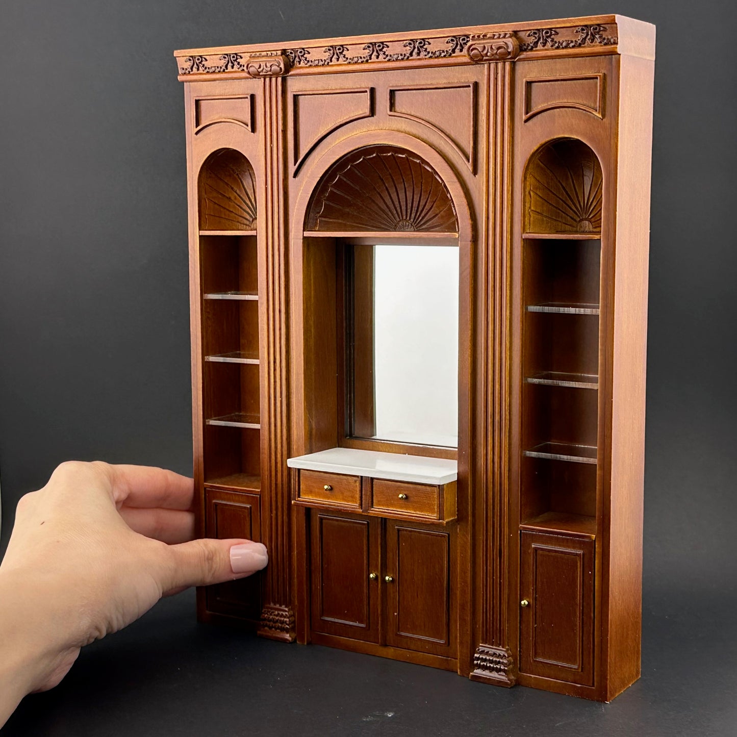 1:12 Miniature Manor Multi-Purpose Panel – Versatile Storage Unit with Shelves, Drawers & Mirror – Dollhouse Furniture