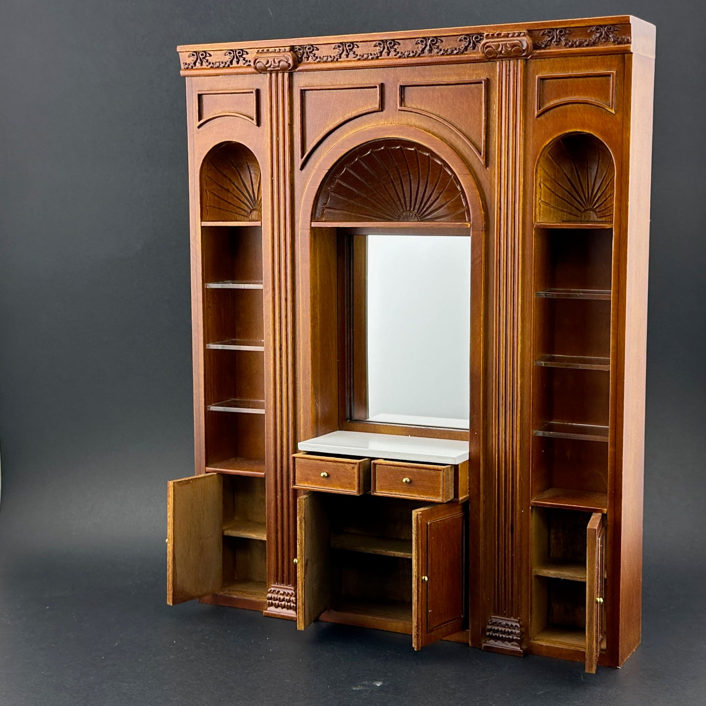 1:12 Miniature Manor Multi-Purpose Panel – Versatile Storage Unit with Shelves, Drawers & Mirror – Dollhouse Furniture