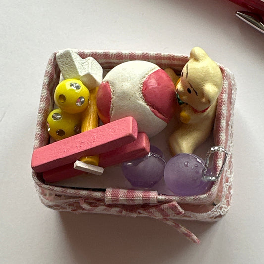 Miniature Wooden Toy Box with Tiny Toys – 1:12 Scale Dollhouse Accessory