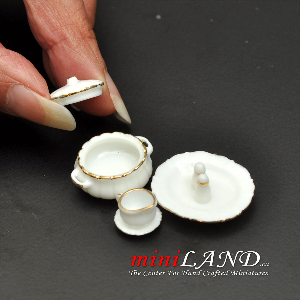7 pcs white serving set with gold trim Eggshell thickness dollhouse miniature 1:12