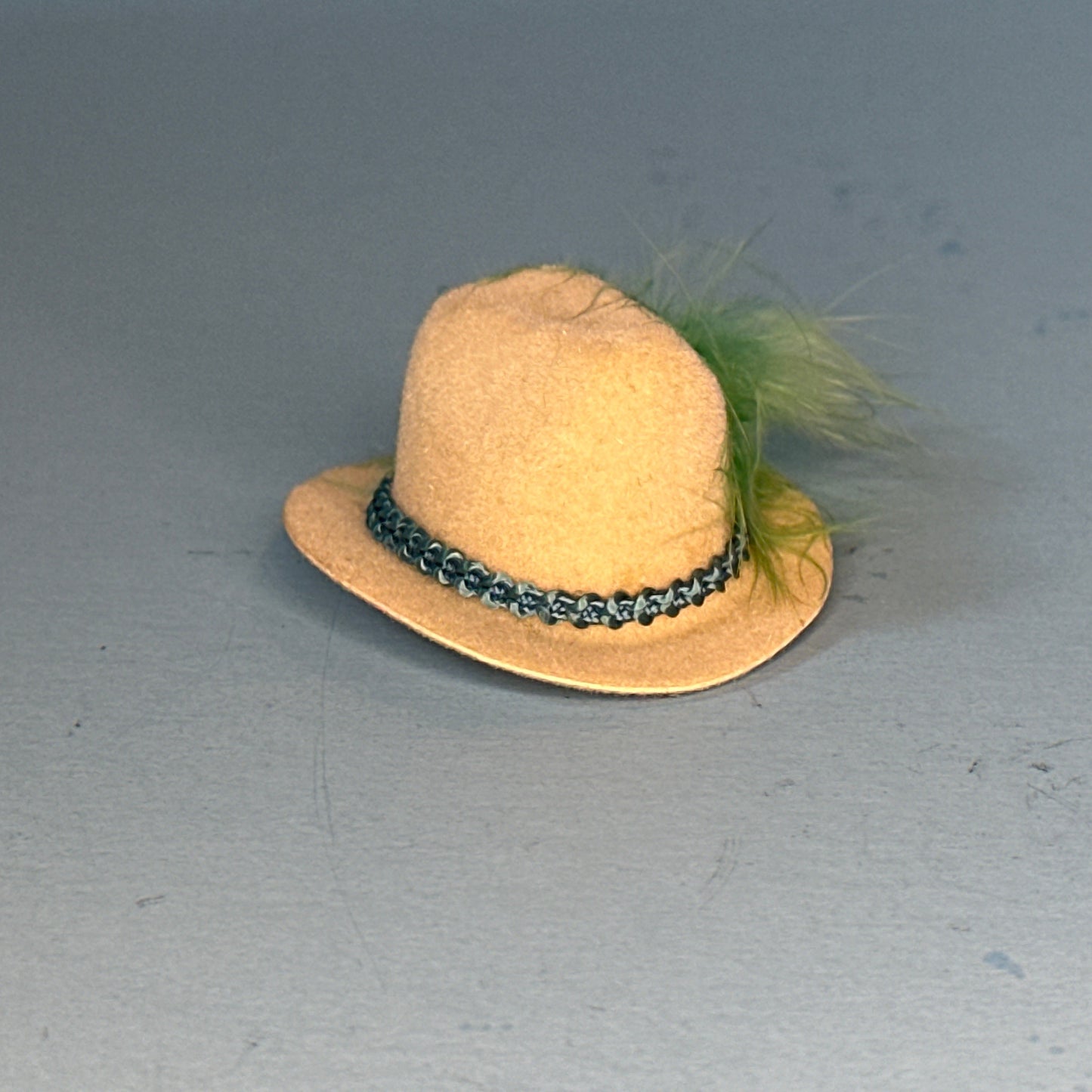 1:12 Scale Miniature Off-White Hat with Green Feather and Blue Ribbon