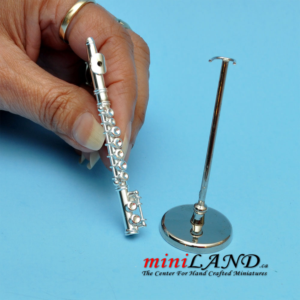 Silver metal flute with stand and case dollhouse miniature 1:12 music