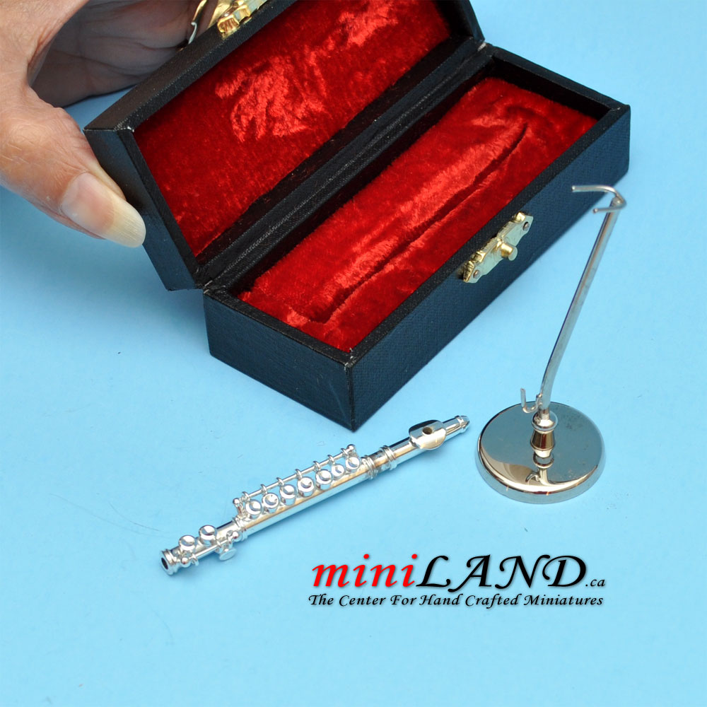 Silver metal flute with stand and case dollhouse miniature 1:12 music