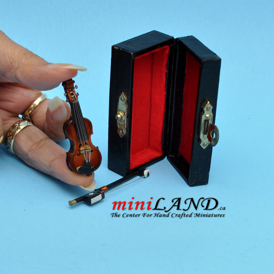 Wooden violin with bow and case for dollhouse miniature 1:12 1.5"-Long