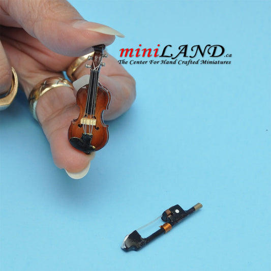 Wooden violin with bow and case for adult dollhouse miniature 1:12 2"-long