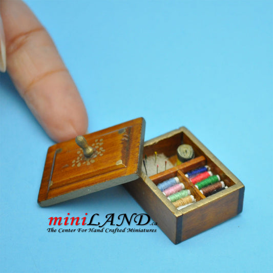 Walnut wood sewing kit with thread  dollhouse miniature 1:12 scale