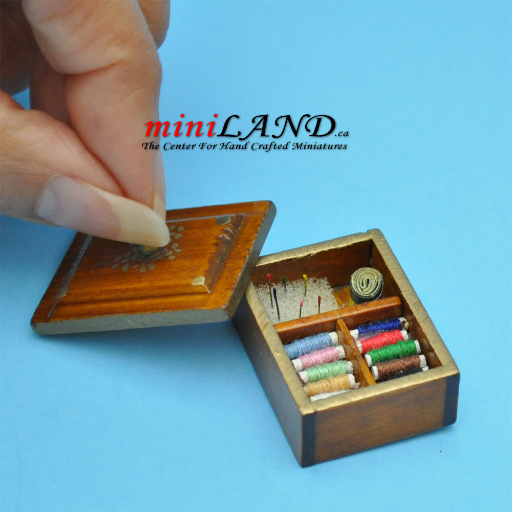 Walnut wood sewing kit with thread dollhouse miniature 1:12 scale