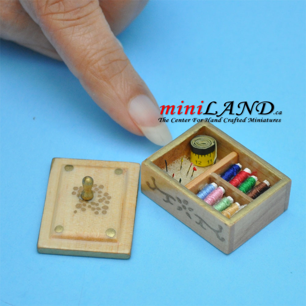 Light wood sewing kit with thread dollhouse miniature 1:12 scale