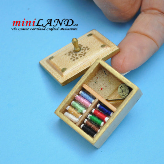 Light wood sewing kit with thread  dollhouse miniature 1:12 scale