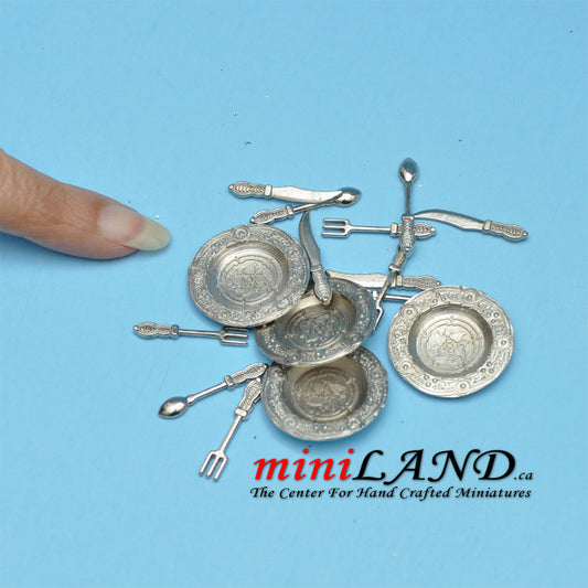 16 pieces detailed silverware set plates dollhouse miniature 1:12 metal