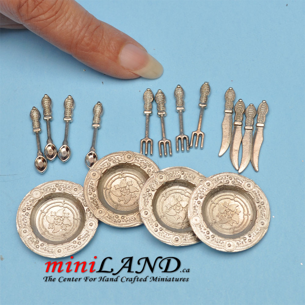 16 pieces detailed silverware set plates dollhouse miniature 1:12 metal