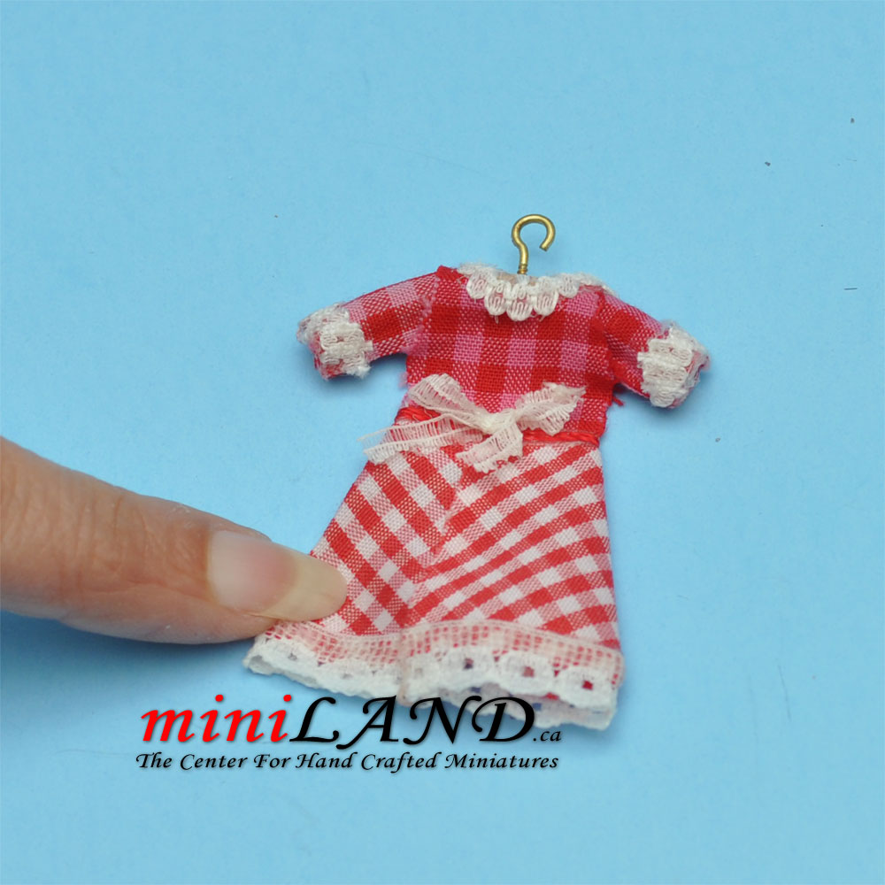 Checkered red dress on hanger dollhouse miniature 1:12