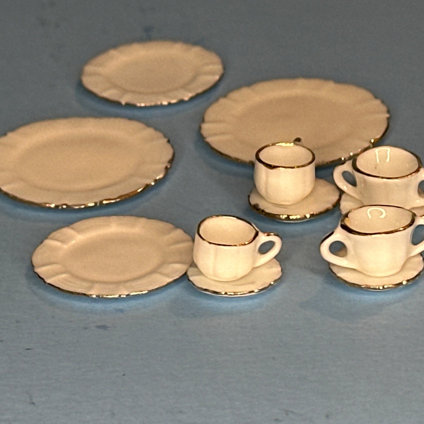 1:12 Scale Fine Porcelain Dinnerware Set for Two – White with Gold Trim 12pcs