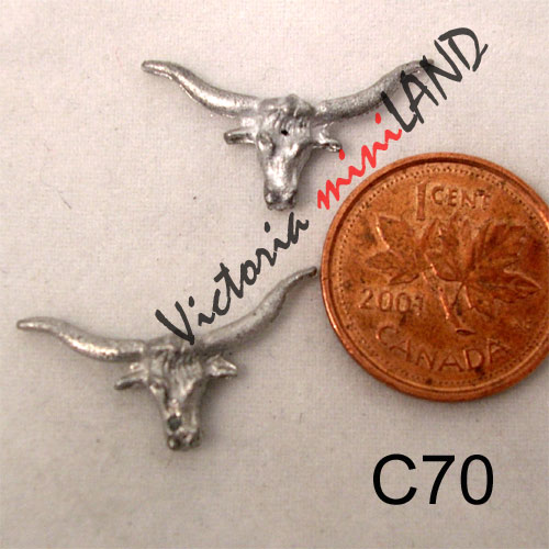 LONG HORN STEER SKULL 2 PCS 1"L unfinished DIY metal miniature for dollhouse - Do it yourself