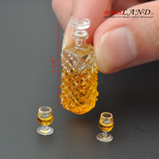 A bottle of alcoholic beverage with two glasses of brandy whiskey 1:12 scale dollhouse miniature