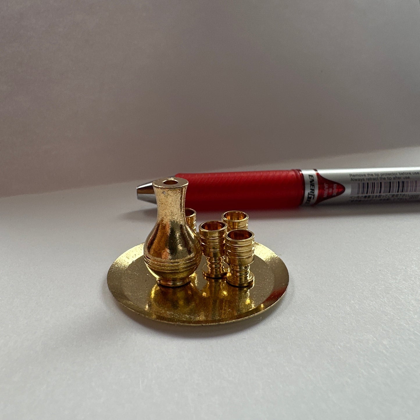 Brass 1:12 Scale Metal Jug Set with 4 Cups on Golden Tray