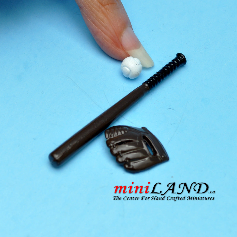 3 pcs baseball set with bat glove and ball dollhouse miniature 1:12
