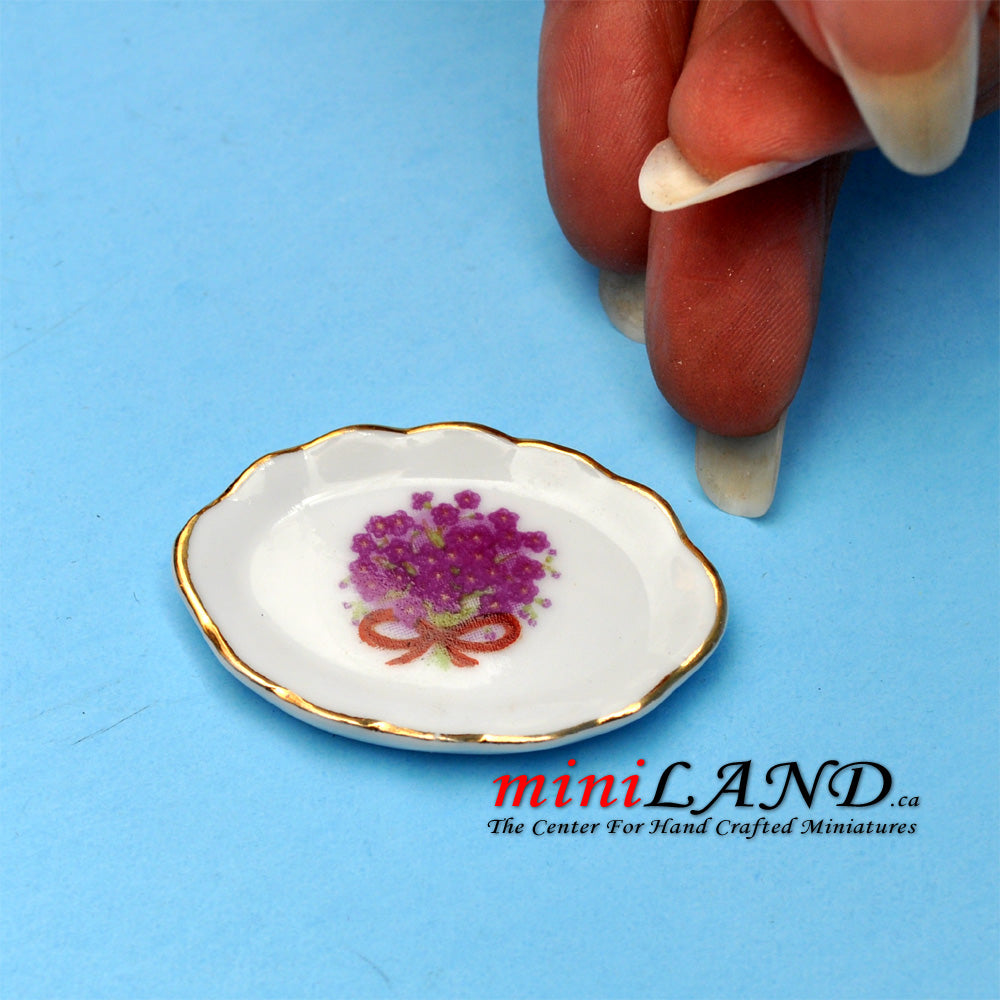 Ceramic tray with decorated flowers dollhouse miniature 1:12