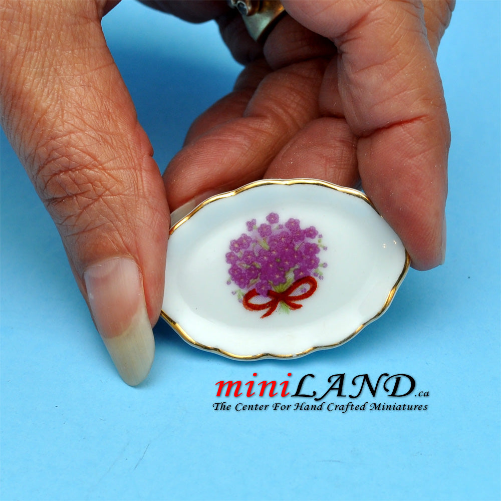 Ceramic tray with decorated flowers dollhouse miniature 1:12