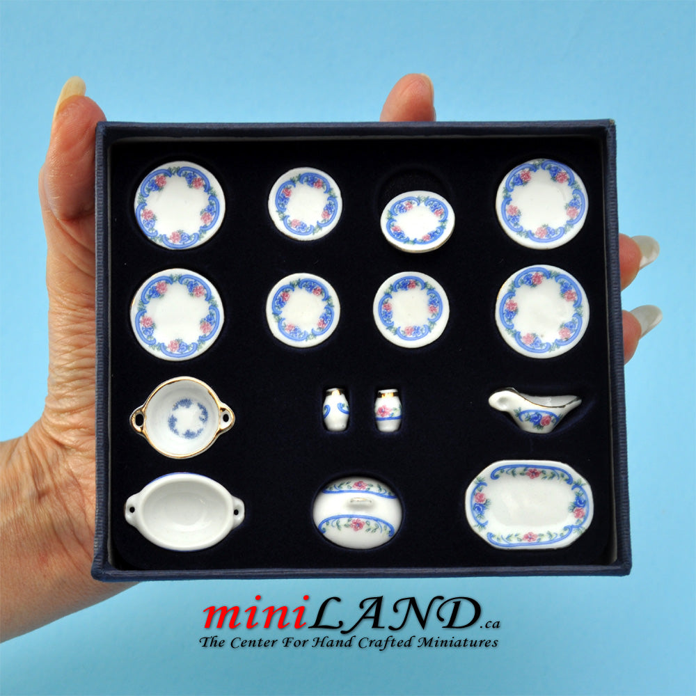 Miniature Porcelain Dinner Set with Blue and Red Floral Design – 1:12 Scale