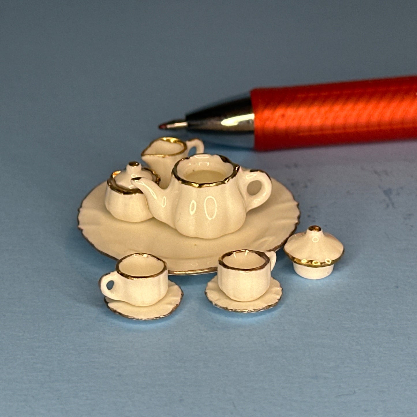 1:12 Scale Miniature High-Quality White Porcelain Tea Set with Gold Trim – 10 Pieces