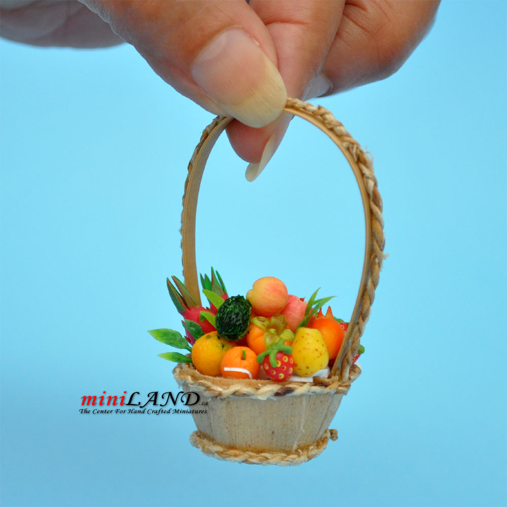 Colorful fruit basket in basket with long handle dollhouse miniature 1:12 scale