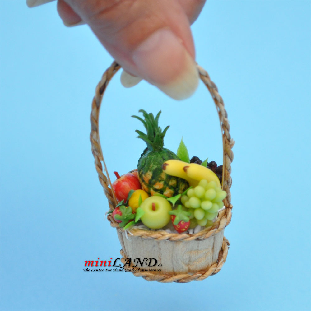 Colourful fruit basket in basket with handle dollhouse miniature 1:12 scale