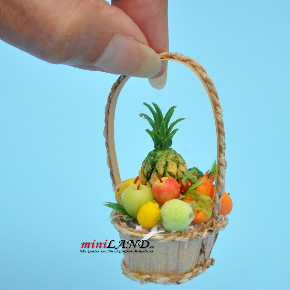 Fruit basket in basket with handle dollhouse miniature 1:12 scale