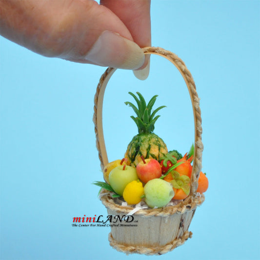 Fruit basket in basket with  handle dollhouse miniature 1:12 scale