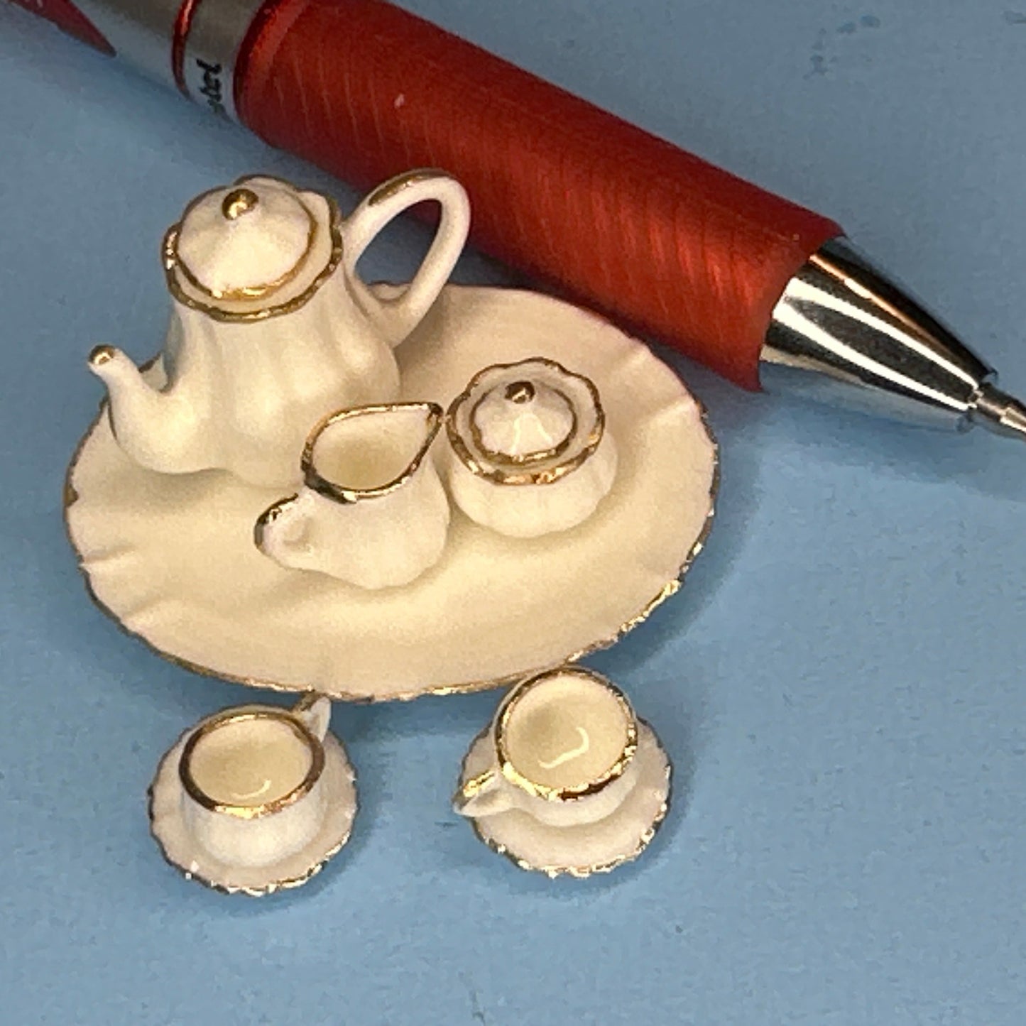 1:12 Scale Miniature Porcelain Coffee Set with Gold Trim – 10 Pieces