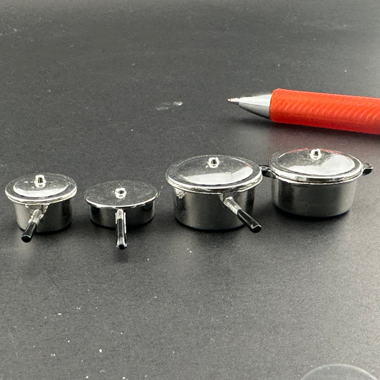 Dollhouse Miniature 1:12 Scale – Set of 4 Cooking Silver Pots with Lids