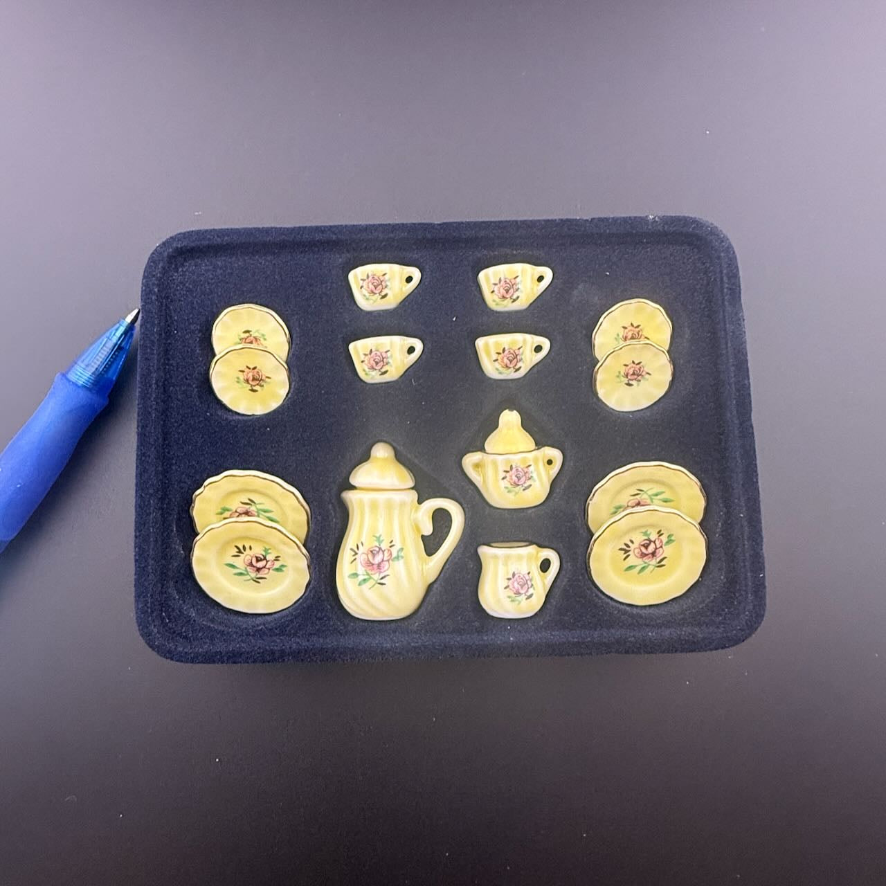 Economical 1:12 Scale Miniature Yellow Ceramic Tea Set – Teapot, Creamer, Sugar Bowl, 4 Cups, 4 Saucers & 4 Plates in Elegant Box