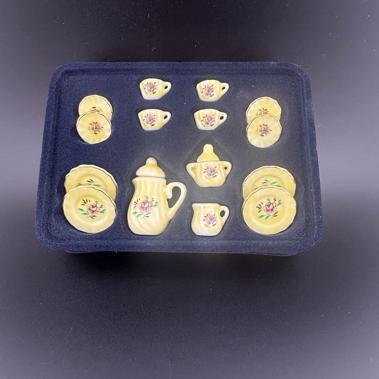 Economical 1:12 Scale Miniature Yellow Ceramic Tea Set – Teapot, Creamer, Sugar Bowl, 4 Cups, 4 Saucers & 4 Plates in Elegant Box