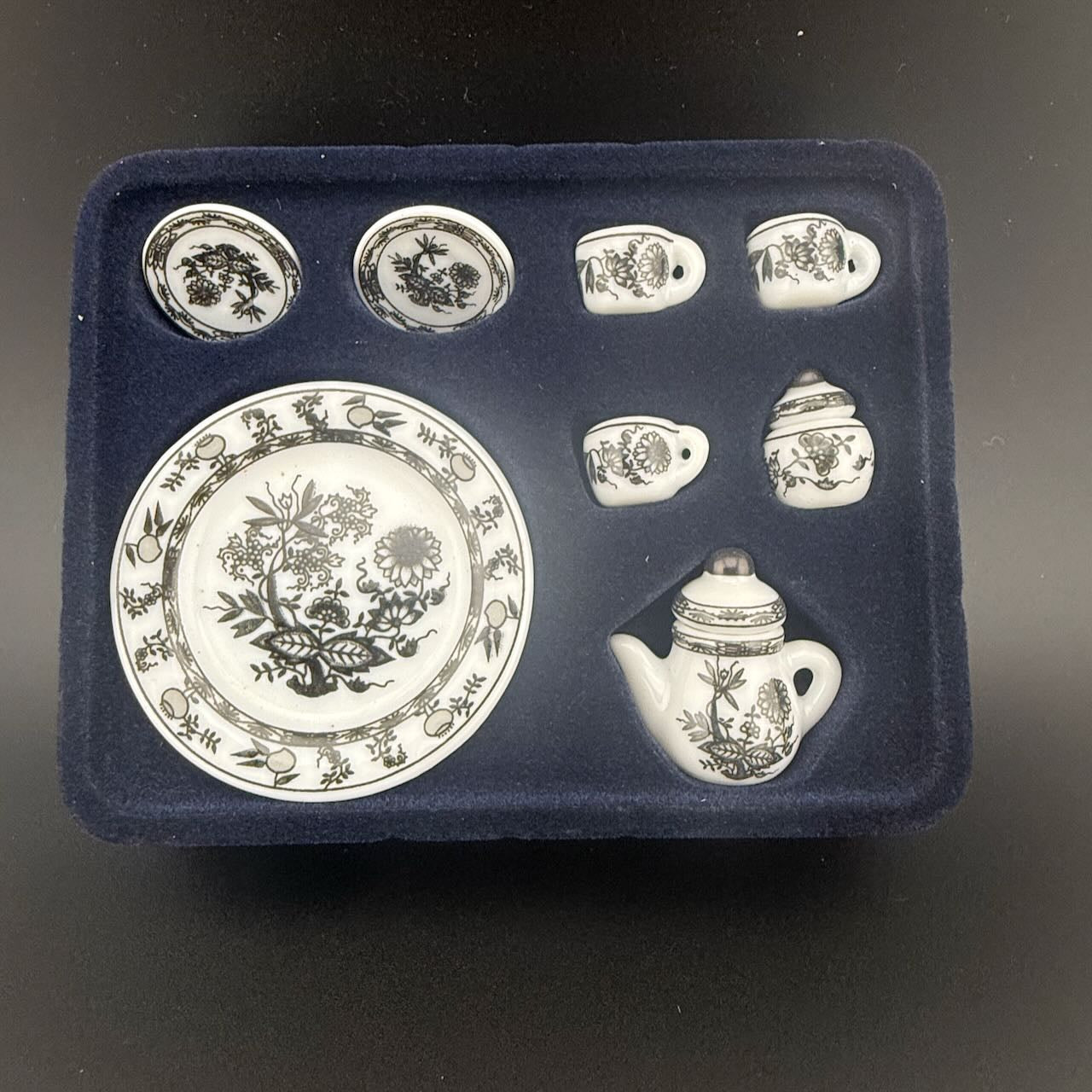 Black Delft Economical 1:6 Scale Miniature Porcelain Tea Set – Teapot, Large Serving Plate, 2 Cups, Saucers, Sugar Bowl & Creamer
