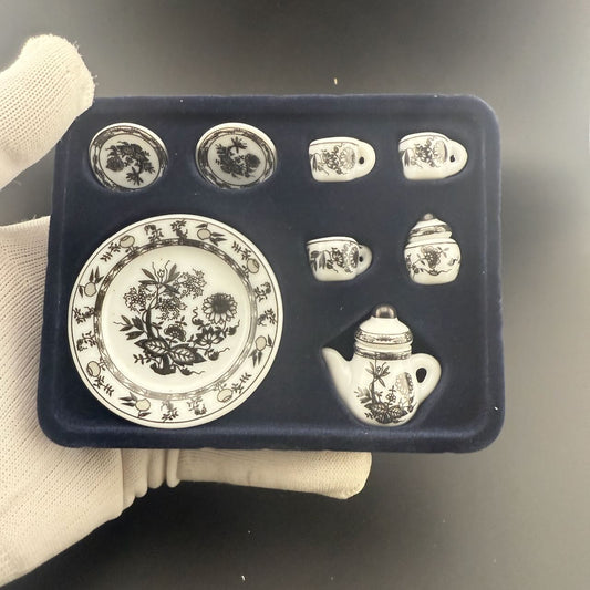 Black Delft  Economical 1:6 Scale Miniature Porcelain Tea Set – Teapot, Large Serving Plate, 2 Cups, Saucers, Sugar Bowl & Creamer