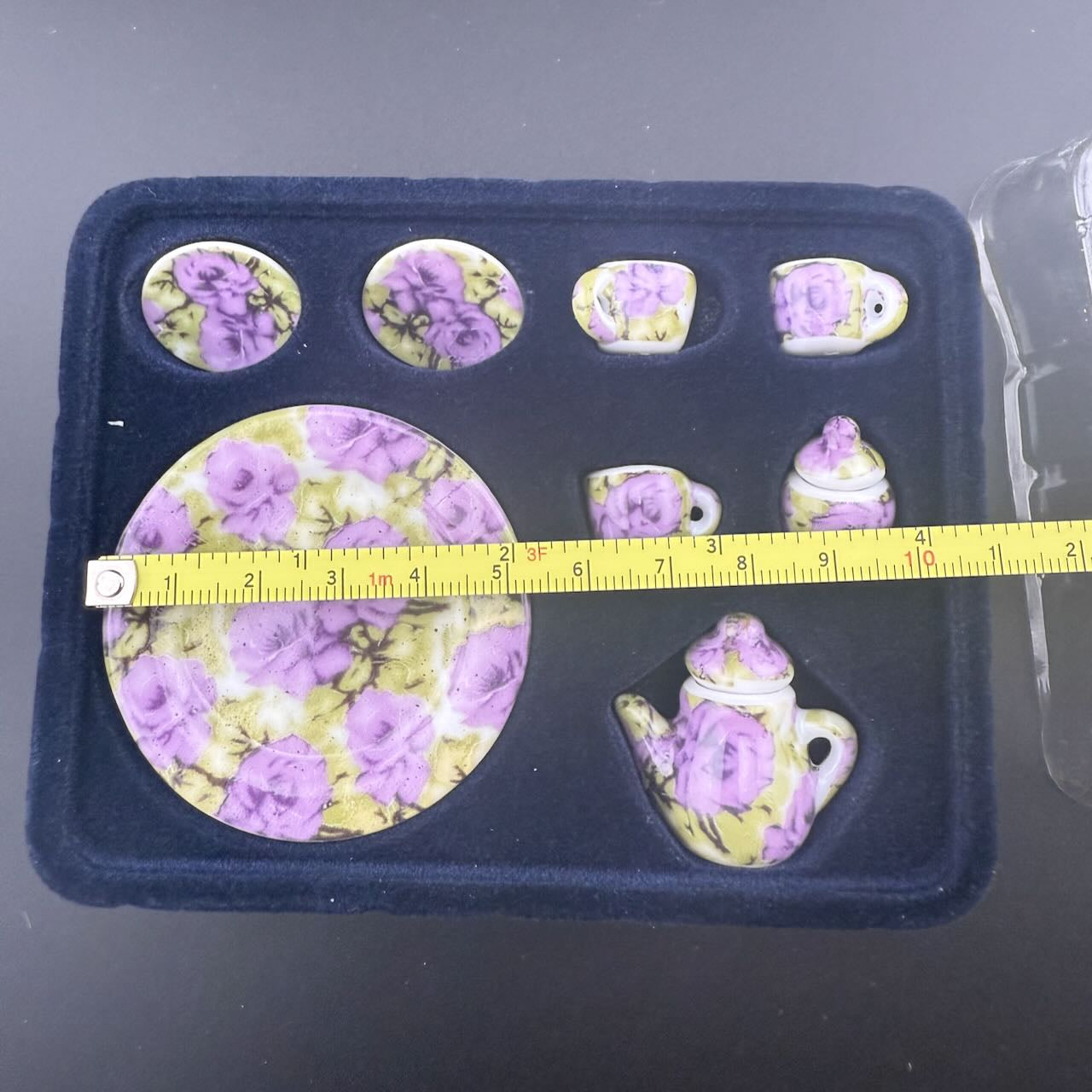 Purple Economical 1:6 Scale Miniature Porcelain Tea Set – Teapot, Large Serving Plate, 2 Cups, Saucers, Sugar Bowl & Creamer