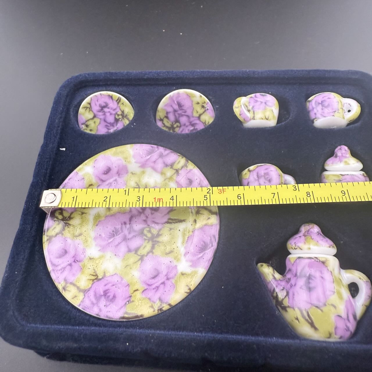 Purple Economical 1:6 Scale Miniature Porcelain Tea Set – Teapot, Large Serving Plate, 2 Cups, Saucers, Sugar Bowl & Creamer