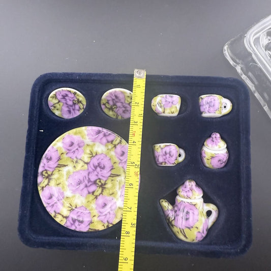 Purple Economical 1:6 Scale Miniature Porcelain Tea Set – Teapot, Large Serving Plate, 2 Cups, Saucers, Sugar Bowl & Creamer