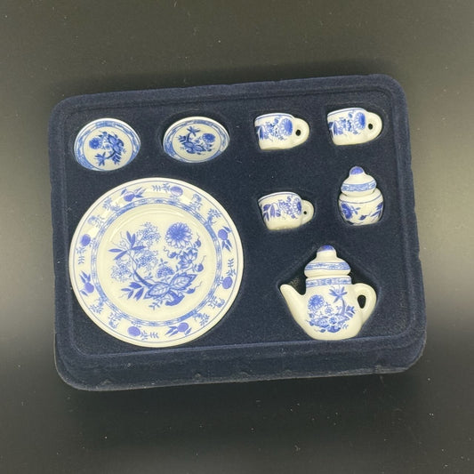 Blue Delft  Economical 1:6 Scale Miniature Porcelain Tea Set – Teapot, Large Serving Plate, 2 Cups, Saucers, Sugar Bowl & Creamer (Copy)