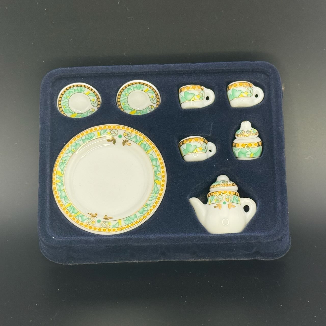 Green with Gold Trim Economical 1:6 Scale Miniature Porcelain Tea Set – Teapot, Large Serving Plate, 2 Cups, Saucers, Sugar Bowl & Creamer