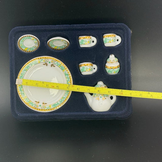 Green with Gold Trim Economical 1:6 Scale Miniature Porcelain Tea Set – Teapot, Large Serving Plate, 2 Cups, Saucers, Sugar Bowl & Creamer